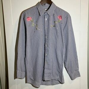 Dimension Blue White Stripe Rose Embroidered Button Down Shirt Top Women's LG